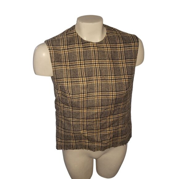 Vintage Plaid Wool Two-Piece Jacket Sleeveless Top Brown/Beige Checkered Women S - Picture 6 of 10